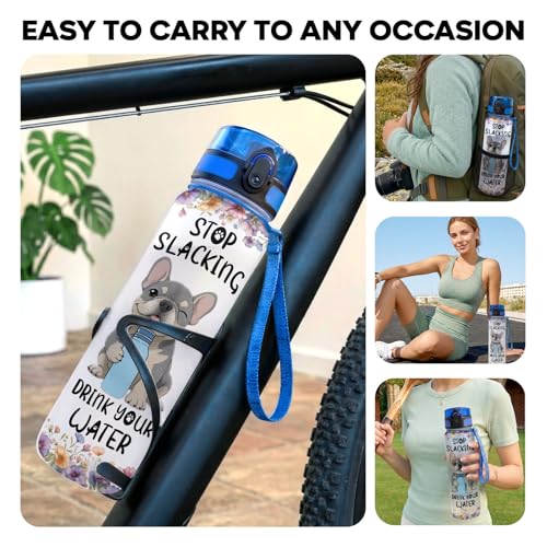 34HD French Bulldog Water Bottle with Time Marker & Straw 32 oz, Stop Slacking Drink Your Water Dog, Birthday Gift for Frenchie Lovers and Pet Owners - color: White Blue