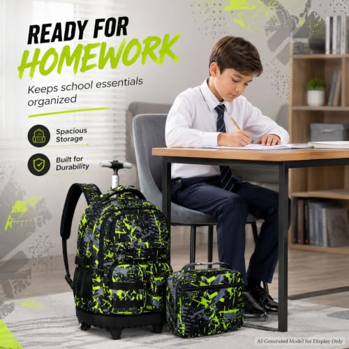 WZLVO 3PCS Roller Backpack, Water Resistance Boys Wheeled Bookbag, Rolling School Bag Set with Lunch Box & Pencil Bag for Teens & Kids - Spray Painted Green - color: 3pcs Boys Rolling Backpack - Spray Painted Green