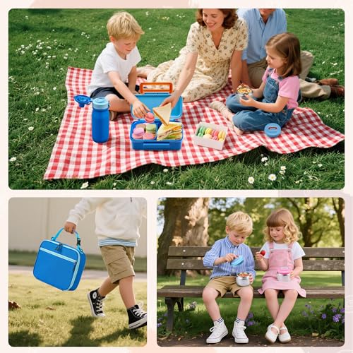 MAISON HUIS Bento Box for Kids with 8oz Soup Thermo, Insulated Lunch Bag & 17oz Water Bottle, 2-Compartment Bento Box with Built-In Ice Pack, Leak-Proof & BPA-Free (Blue) - color: Blue