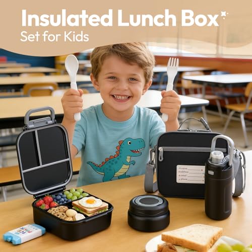Itslife Bento Box for Kids Set, Insulated Food Container,Kids Lunch Box, 7 oz Thermos for Hot Food, 12 oz Thermos Water Bottle, Reusable Insulated Ice Bag & Fork Spoon Utensils Camping Travel Black - color: Black