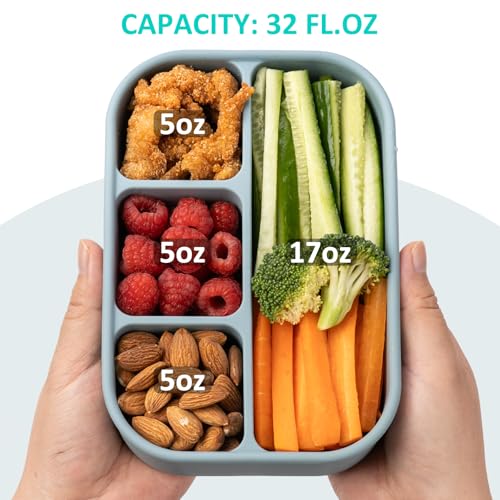 100% Silicone Bento Box Adult with 4 Compartments, 32oz, Reusable Divided Lunch Box Meal Prep Snack Containers for Food Storage, BPA-Free, Plastic-Free, Microwave Dishwasher safe, Nile Blue, 1 Pack - color: Nile Blue | 32oz | 4-Compartment