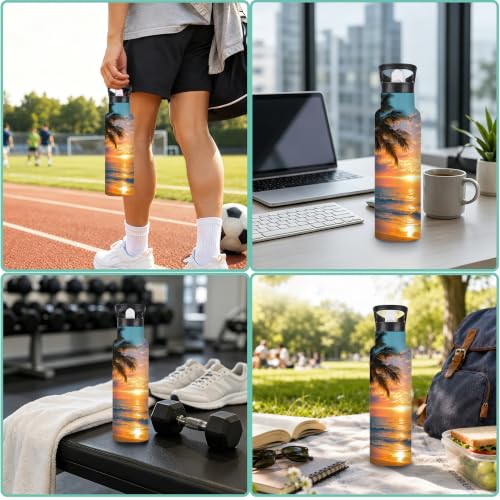 Water Bottles with Straw,Beach Sunset Stainless Steel Cup Leak Resistant Double Wall Palm Trees Insulated Water Bottle with Handle for Gym Cycling Hiking Office 20 oz - color: Beach Sunset,Palm Trees