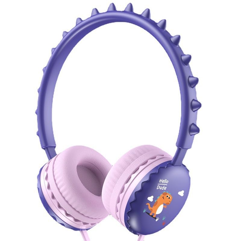 Kids Dinosaur Wired Headphones with Noise Cancelling Purple | Safe 85/94dB Volume Limit, HD Microphone for School, Soft Ear Cups, Pink Headphones for Toddlers & Teens. - color: Dinosaur Purple