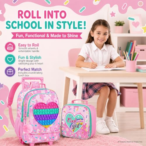 WZLVO 4PCS Love Rolling Backpack for Girls - Cute Wheeled School Set with Lunch Box,Water Resistant Roller School Backpack on Wheels for Elementary Kids Travel - color: Girls Rolling Backpack - Popular Heart