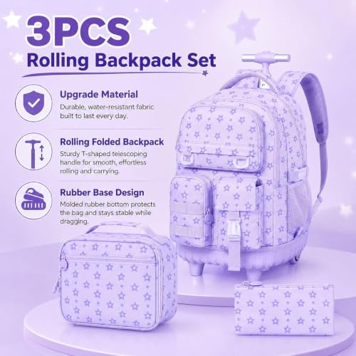 CCJPX 3Pcs Rolling Backpack for Girls, Roller Wheeled School Bookbag, Star Wheels Backpacks with Lunch Box for Kids (Purple) - color: Star Purple