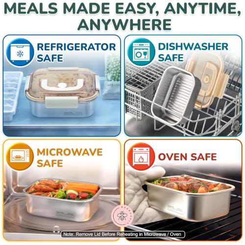 Everusely - Large Stainless Steel Food Container + Snap Lock Lid - 47 oz - Airtight Food Storage Box - Meal Prep, Vegetables, Travel Lunch, Marinating Meat - Microwave, Oven, Refrigerator Safe - size: 1400mL