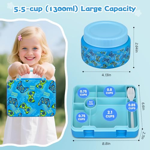 Bento Lunch Box Kids and 9oz Soup Thermos – 5.5-Cup Leakproof Kids Bento Box with Ice Pack & 9oz Insulated Food Jar – Hot & Cold Food Lunch Container for Boy Girl School, Blue Set - color: Blue Set