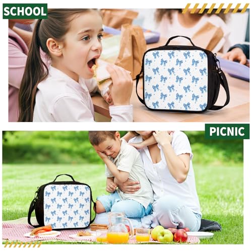 Bow Lunch Box for Girls Blue Bowknot Kids Insulated Lunch Bag Cute Bow Tie Toddler Cooler Lunchbox Reusable Lunch Pail School Thermal Meal Tote Kit with Shoulder Strap - color: Bow Blue