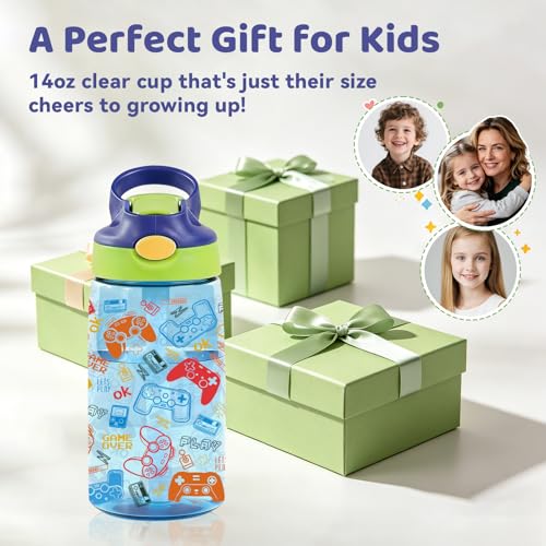 Game 14oz Kids Water Bottle with Straw - Leakproof BPA-Free Plastic Pop-Up Spout, Reusable Leak Proof Travel Bottle for Gaming & Outdoor Sports - color: 1Game