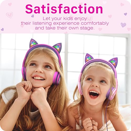 FosPower Kids Headphones with LED Cat Ears (85dB Safe Volume Limit), 3.5mm Soft On-Ear Wired Headphones with Tangle-Free Laced Cables for iPad/Tablet/School/Travel - Baby Pink/Lavender - color: 03 - Baby Pink/Lavender