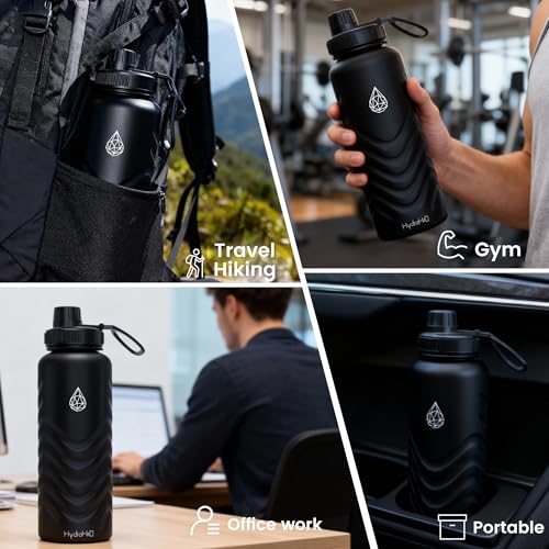 24oz Stainless Steel Insulated Water Bottle, 48H Cold & 24H Hot, Leak-Proof Wide Mouth Lids (Straw & Spout), BPA-Free Bottles, Mens Water Bottle for Gym, Hiking, Travel - Black - color: Black, size: 24 Ounces