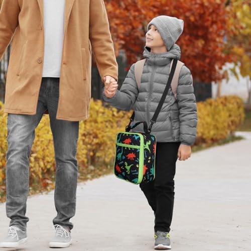 Bagseri Kids Lunch Bag with Shoulder Strap - Insulated School Lunch Box | Easy Carry Handle, Leak Proof, Water Bottle Holder, Roomy Toddler Lunch Box for Snacks, Drinks, Picnics, Trip, Black Dinosaur - color: B Black Dinosaur, size: Crossbody Strap Series