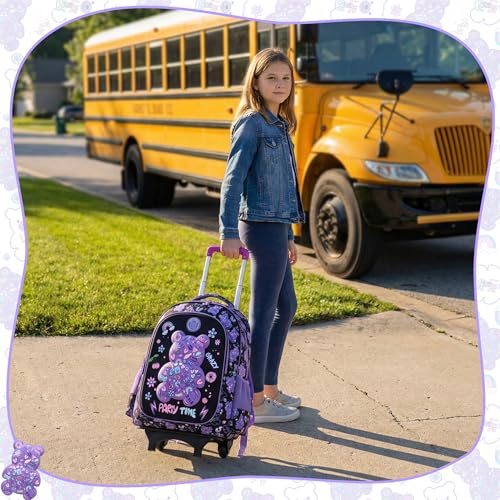 Rolling Backpack for Girls Backpack with Wheels for School Kids Cute Bear Kids Wheeled School Bag 3PCS Set with Lunch Box Pencil Case,Elementary Trolley Bookbag for School Travel - color: Black Purple Bear