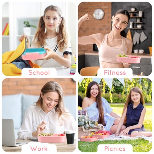 Lunch Box Kid Adult Bento Box, 4-Compartment Food Lunch Containers with Fork & Spoon, BPA Free, Leak-Proof Bento-Style Lunch Box for Work School, Microwave & Dishwasher Safe (Candy) - color: Candy