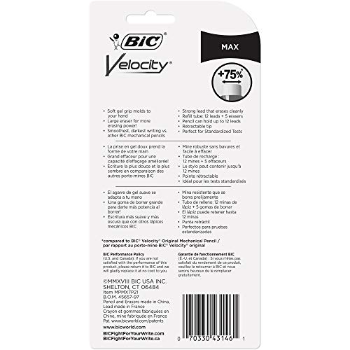 BIC Velocity Max Mechanical Pencils, With Colorful Barrel, Medium Point (0.7mm), 2-Count Pack Mechanical Pencils With Erasers and Lead Refills - size: 2 Count (Pack of 1), style: Medium Point