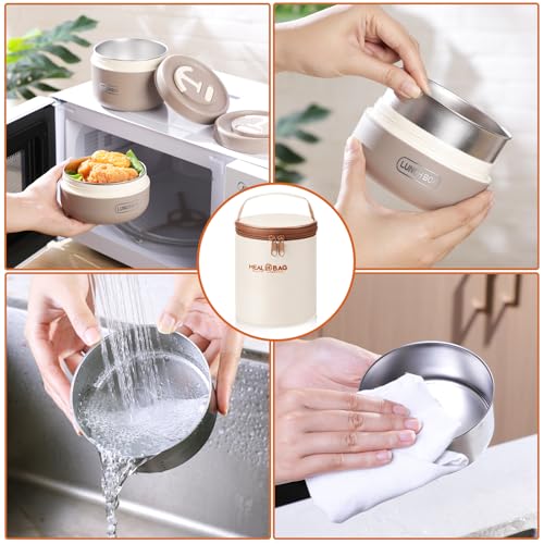 Dandat 2 Pcs Portable Insulated Lunch Containers Thermal Bento Box with Bag Fork Knife Stainless Steel Lunch Box 15.2 oz 21 oz Separate Stackable Food Jar for Adult Men Women(Khaki) - color: Khaki