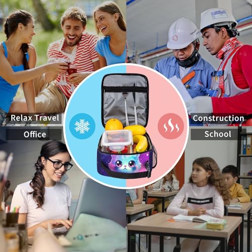 Galaxy Cute Cat Printed Insulated Lunch Box Portable Purple Lunch Bag with Detachable Handle,Reusable Lunchbox for Girls Boys Adults - color: Galaxy Cat