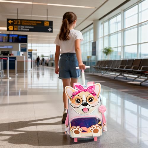 Meetbelify Backpack with Wheels for Girls Rolling Backpack Cute Carry on Backpack Kids Luggage with Lunch Box Pencil Case for Elementary Student - color: Dog