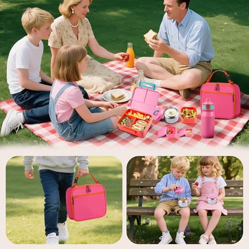 Bento Lunch Box for Kids with Thermo, Leakproof Bento Box with 8oz Insulated Food Jar, Insulated Bottle, Lunch Bag, BPA Free Dishwasher Safe 4 Compartment Container for School Girls Boys (Pink) - color: Pink