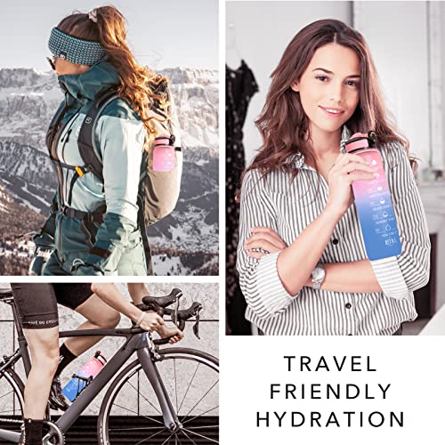 Hyeta Water Bottle with Straw & Time Marker, Plastic 32oz Leakproof | Motivational Tritan BPA Free Gym Office Outdoor Intake Tracker Hourly Reminder Straw Lid Carry Strap - color: Pink-Blue