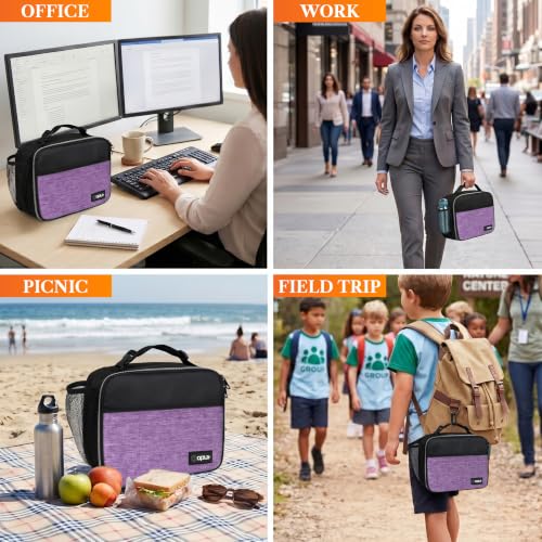 opux Insulated Lunch Bag for Kids, Reusable Lunch Box for School with Leakproof Lining, Compact Soft Cooler Tote for Boys & Girls, Front Pocket, Mesh Side Bottle Holder (Heather Purple) - color: Heather Purple