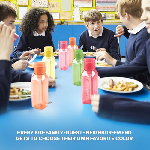 Bulk Water Bottles Set of 4 – 10oz Multicolor Water Bottles for Kids and Adults – Leak Proof Water Bottles with Carry Strap – Square Reusable Water Bottles for Juice, Drinks – BPA-Free Dishwasher-Safe - color: 4 pack bright