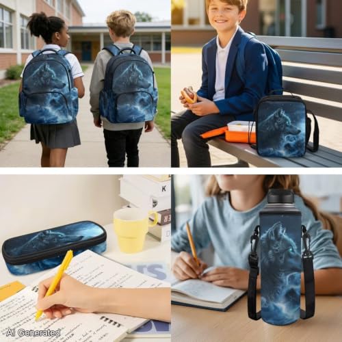Blue Galaxy Wolf Backpack for Girls Boys Kids Backpack with Lunch Box and Water Bottle Holder Large Pencil Case 4PCS Set Bookbag with Front Pocket for School Teens 17 inch School Bag Gifts - color: Blue Galaxy Wolf