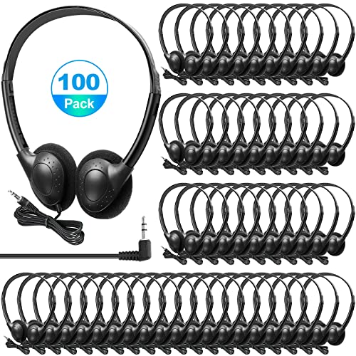 Hoteam 100 Pack Headphones for Classroom Bulk Students Adjustable Headphones Wired Pack Black Over the Head Earphones with 3.5 mm Plug for School Library Museums Charity Donate(Black) - color: Black, style: Classic