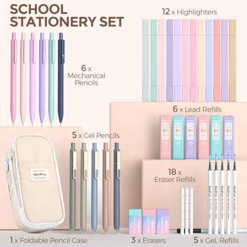 Nicpro School Supplies Stationary Set with Pencil Case, 39 PCS Cream | Back to Schoo Supplies, Pen Case with 12 Highlighter, 5 Gel Pen, 6 Mechanical Pencil, Essentials for College, Nursing Student - color: Cream, size: 39 PCS