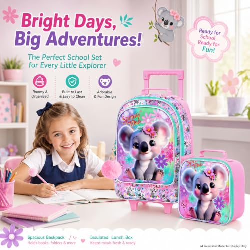 KLFVB Rolling Backpack for Girls, 3PCS Kids Roller Bookbag with Lunch Bag, Wheeled School Bag for Children - Koala - color: Upgraded Uv Printing Pink Koala Rolling Backpack