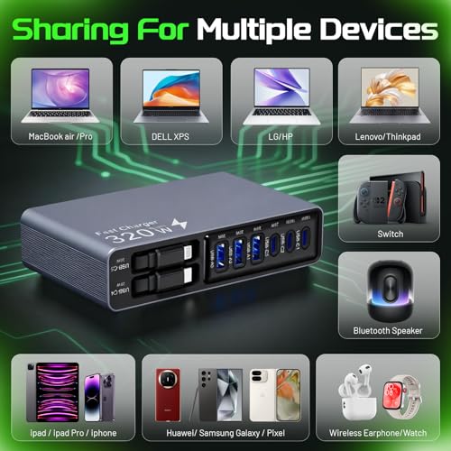X-Star 320W 8-Port Retractable USB C Charger Block Charging Station,Upgraded GaN3.0 PD 100W Desktop Laptop Chargers,Fast Multiple USB Charging Hub for MacBook Pro/Air,iPad,Galaxy, iPhone17/16/15 etc