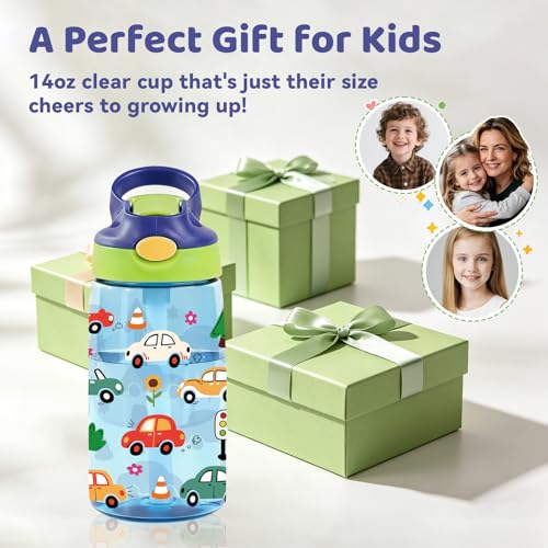 Car 14oz Water Bottle with Straw - Leakproof BPA-Free Plastic Pop-Up Spout, Reusable Leak Proof Travel Bottle for Outdoor Sports - color: Car2