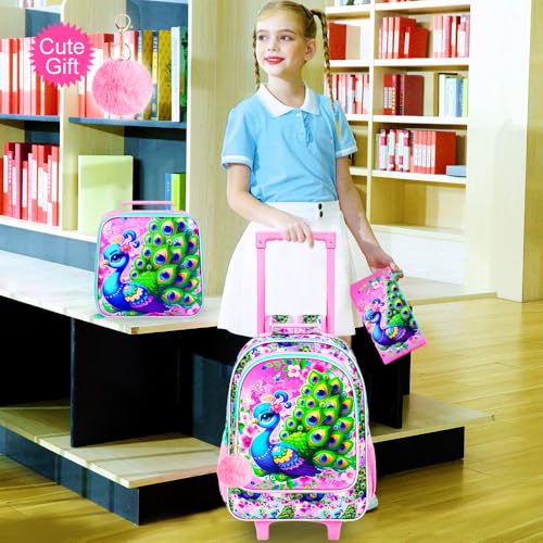 KLFVB Girls Bookbag with Wheels, 3PCS Kids Roller Backpack with Lunch Bag, Wheeled School Bag for Children - Peacock - color: Upgraded UV Printing Peacock Pink Rolling Backpack