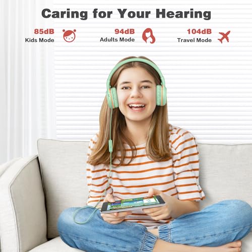 SIMOLIO Wired Headphones with Microphone & Volume Control & 3-Level Switchable Volume Limited & Share Jack & Bag, Stereo Headset for Kids Teens Adults Youth School Plane Travel Gift PC Computer Laptop