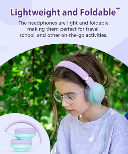rockpapa Kids Headphones, Wired Headphones for Kids with Microphone, 85/94dB Volume Limiter Headphone for Girls Boys, Foldable Head Phones for School Tablet Laptop Purple Teal - color: Purple Teal
