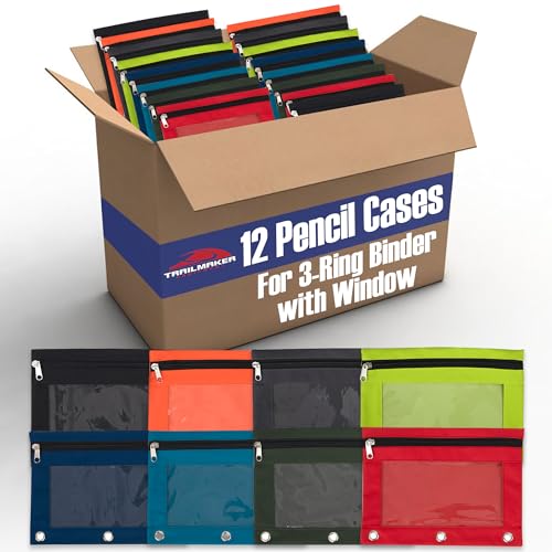12 Pack Clear Pencil Pouch for 3 Ring Binder Bulk Pencil Pouch Bags for Binder with See Through Window and Zipper | Pencil Pouch Bundle for School, Office, Budgets (12 Pencil Cases in 8 Colors)