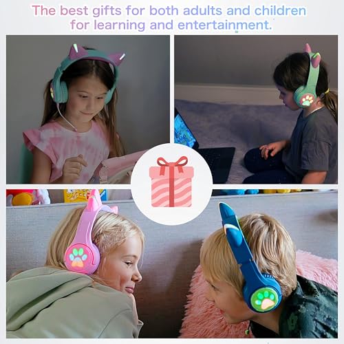 Riwbox CF9 Cat Ear Kids Bluetooth Headphones with LED Light Up,Safe 85dB Volume Limit,Built-in Mic&Boom Mic for Calls,Kids Wireless&Wired Headphones for Tablet/Airplane/School/Online Learning (Green) - color: Green