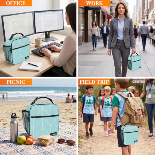 opux Insulated Lunch Bag for Kids Boys Girls, Small Compact Lunch Box with Wide Opening & Mesh Pockets, Reusable Lunch Pail for School, Work, Adults, Men, Women, Teal - color: Teal