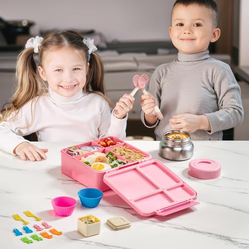 Bento Box for Kids Lunch box with Leak Proof Thermos Food Jar, Food Lunch Containers for Girls with 4 Compartments, Food Picks, Sauce Jar(Pink) - color: Pink