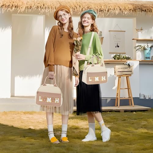 Lunch Bag for Girls and Women, Cute Preppy Lunch Bag with Chenille Letters, Insulated Large Capacity Lunch Tote with Detachable Strap for School, Work & Picnic, Coffee - color: Coffee