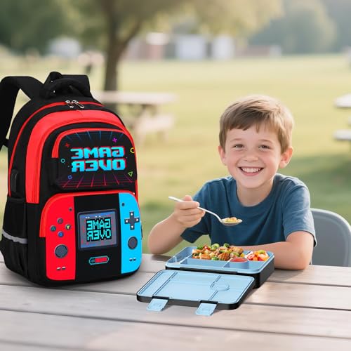 Bevalsa Kids Backpack for Boys with Bento Lunch Box, Insulated Bag & Utensils, 43oz Lunch Containers with 6 Compartment, Gamer Backpack School Bags for Elementary Middle School Student (Red Blue) - color: Red Blue