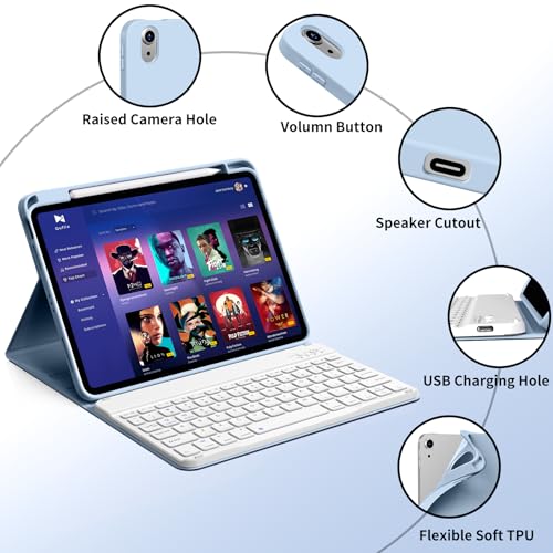 kenke for iPad 11/10th Gen Case with Keyboard 11/10.9 inch 2025 A16/2022, Detachable Wireless Bluetooth Keyboard Case with Bulit-in Pencil Holder, White Square Keycaps (Blue) - color: Blue