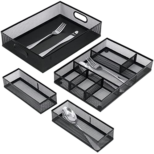 Neudeco Desk Drawer Organizer, 4 Pack Metal Mesh, Black | Adjustable Dividers, Stackable, Pen Organizer, Office Supplies Organizer