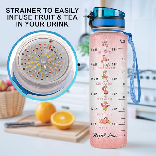 Flamingo Water Bottle 32oz with Time Marker Cute Pink Flamingo Gift Birthday Gift for Women Girls Reusable Daily Motivation Drinking Bottle with Handle and Lid - color: Pink White