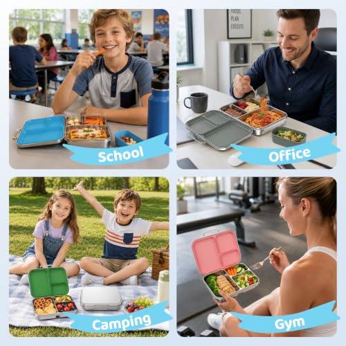 Pawtong Stainless Steel Bento Box for Kids and Adults, 3 Compartment Leakproof Lunch Box with Removable Silicone Seal and Silicone Contianer, Metal Lunch Container for School, Work and Travel (Blue) - color: Blue