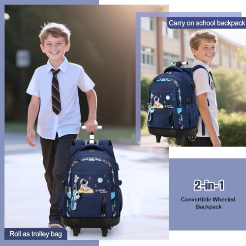 ACESAK Rolling Backpack for Boys, Kids Backpack with Wheels Portable with Insulated Lunch Box & Pencil Case, Multi-Pocket Roller Backpack for Preschool Kindergarten Kids Boys Travel(Blue) - color: Blue