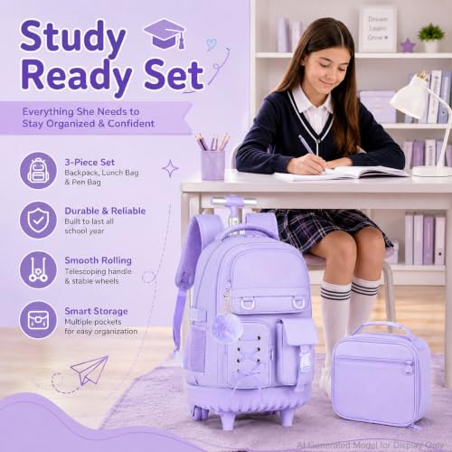KLFVB Girls Rolling Backpack, 3PCS Wheeled Bookbag with Lunch Bag for Kids, Roller School Bag for Teen - Purple Ribbon Bow - color: Purple Ribbon Bow Rolling Backpack