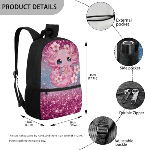 Kawaii Axolotl Kids Backpack School Set 5 Pieces with Lunch Bag Pencil Case and Water Bottle Holder Large Capacity Bookbag for Students - color: Kawaii Axolotl