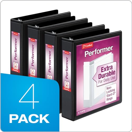 Cardinal Performer 3-Ring Binders, 1.5", Non-Locking Slant-D Rings, 375-Sheet Capacity, ClearVue Presentation, Non-Stick, PVC-Free, Black, 4-Pack (27401) - size: 1.5-Inch