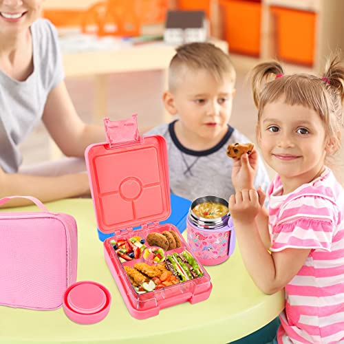 Pawtong Bento Lunch Box Set With 10oz Soup Thermo, Leak-proof Lunch Containers with 4 Compartment, Kids Hot Thermo Food Jar/Insulation Lunch Bag, Food Containers for School(Mermaid) - color: Pink-Mermaid